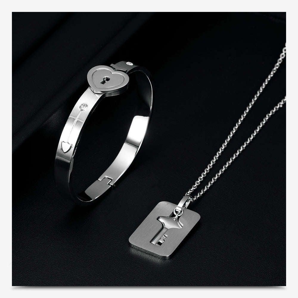 Titanium Steel Love Heart Lock Bangle Bracelet & Key Pendant Necklace Couple  Set | eBay
