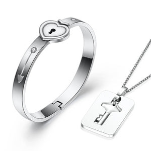 Couple Stainless Steel Love Heart Lock Bracelet with Key Pendant Necklace  Set